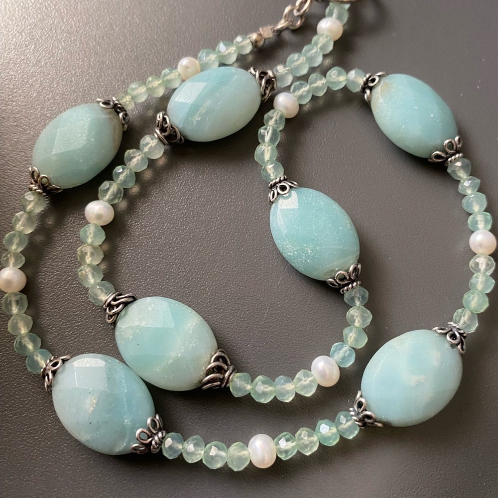 Vintage Sterling Silver Natural Stones and Freshwater Pearl Necklace
